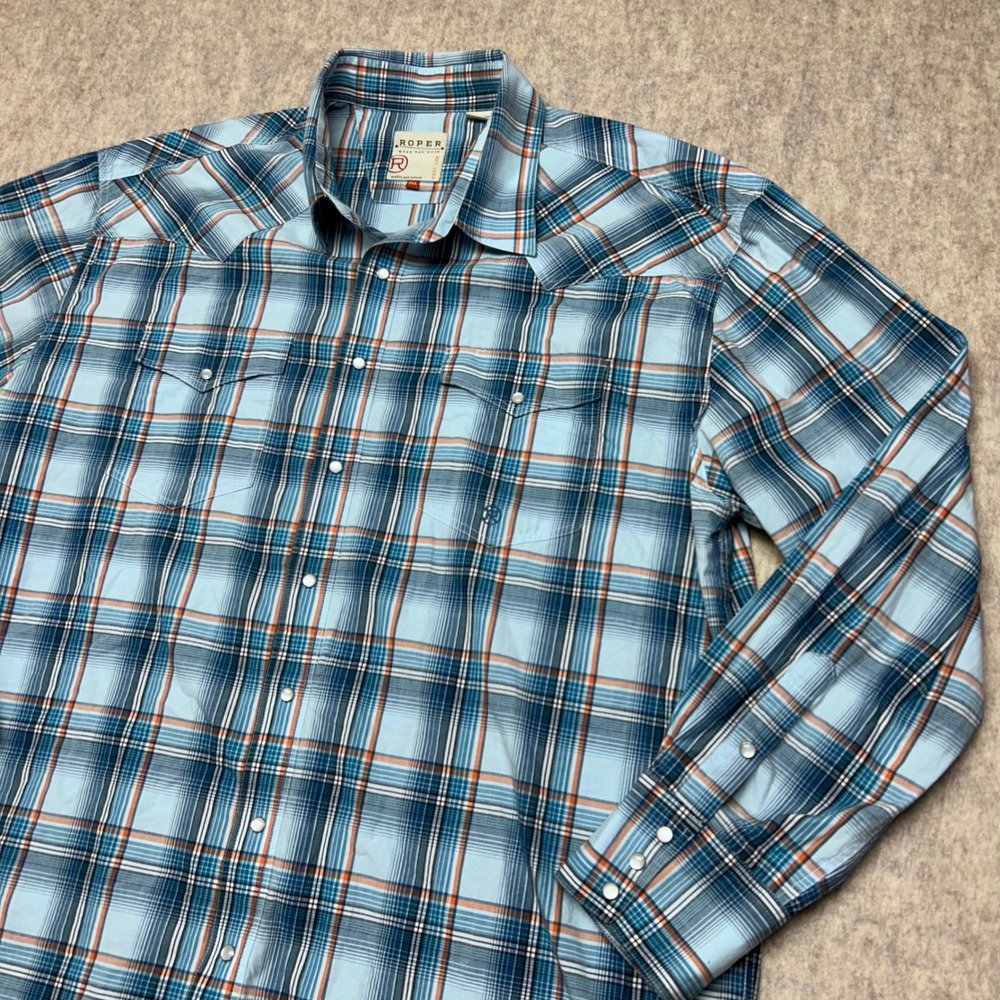 Roper Western Plaid Pearl Snap Long Sleeve Shirt Mens 2XL Blue Orange